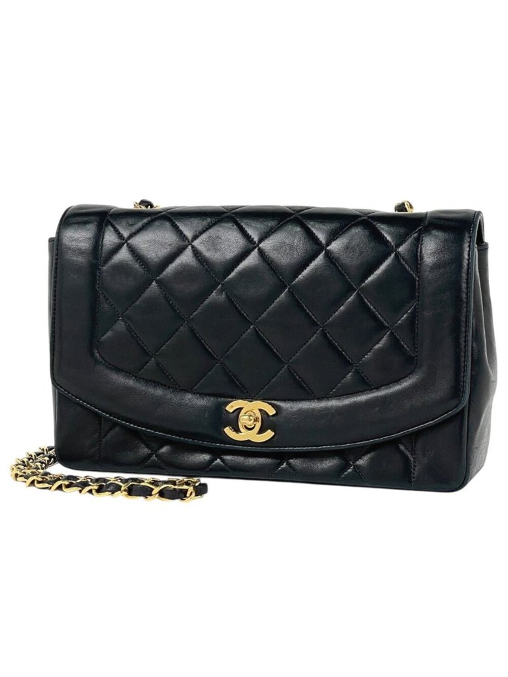 Chanel Diana Quilted Single Flap Chain Shoulder Bag CC Logo Leather Black